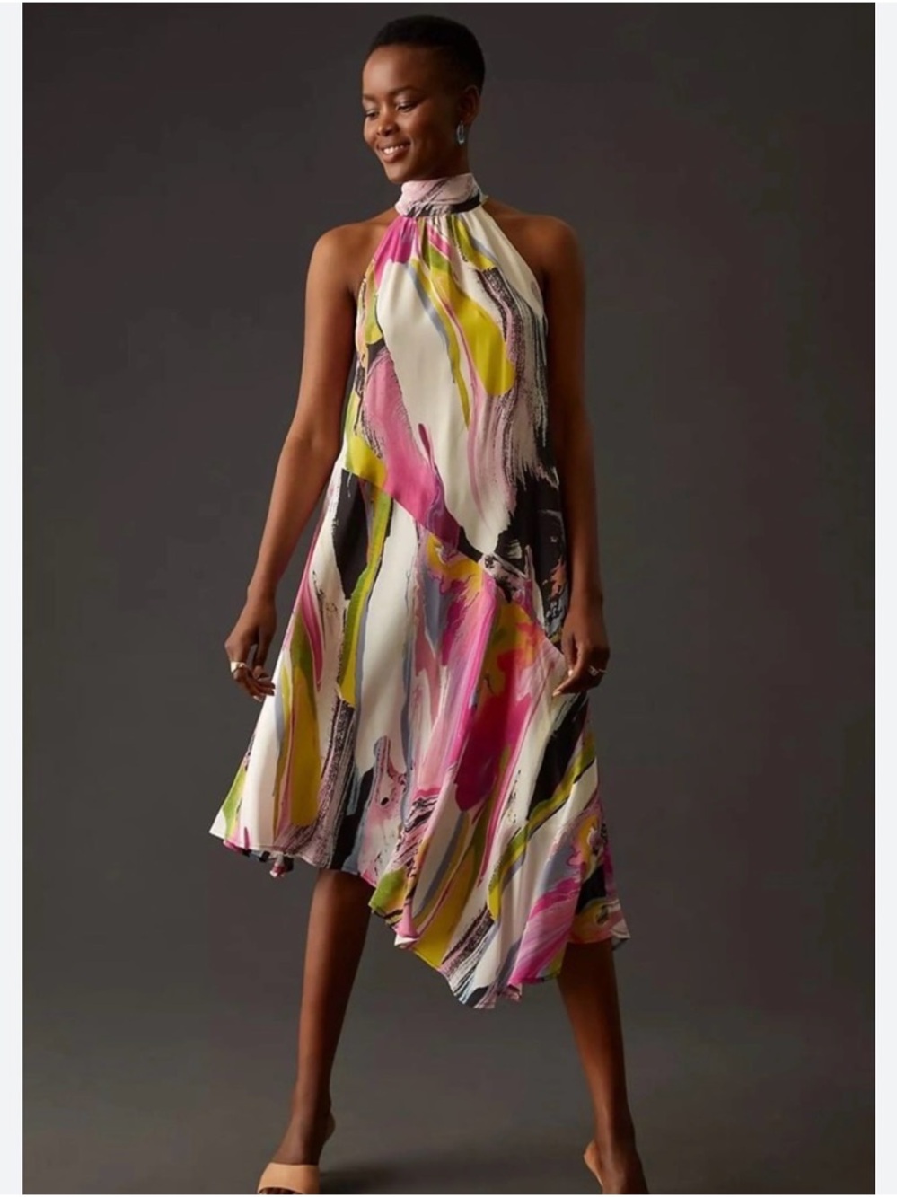 Anthropologie Halter Midi Dress in Pink, Yellow, Black & Cream